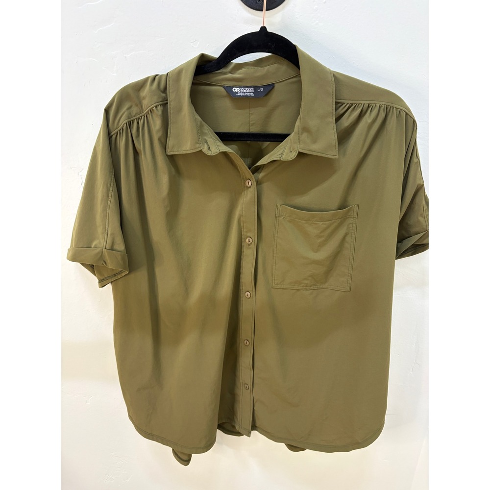 Outdoor Research Womens Large Olive Green Short Sleeve Hiking Shirt Hidden Zips